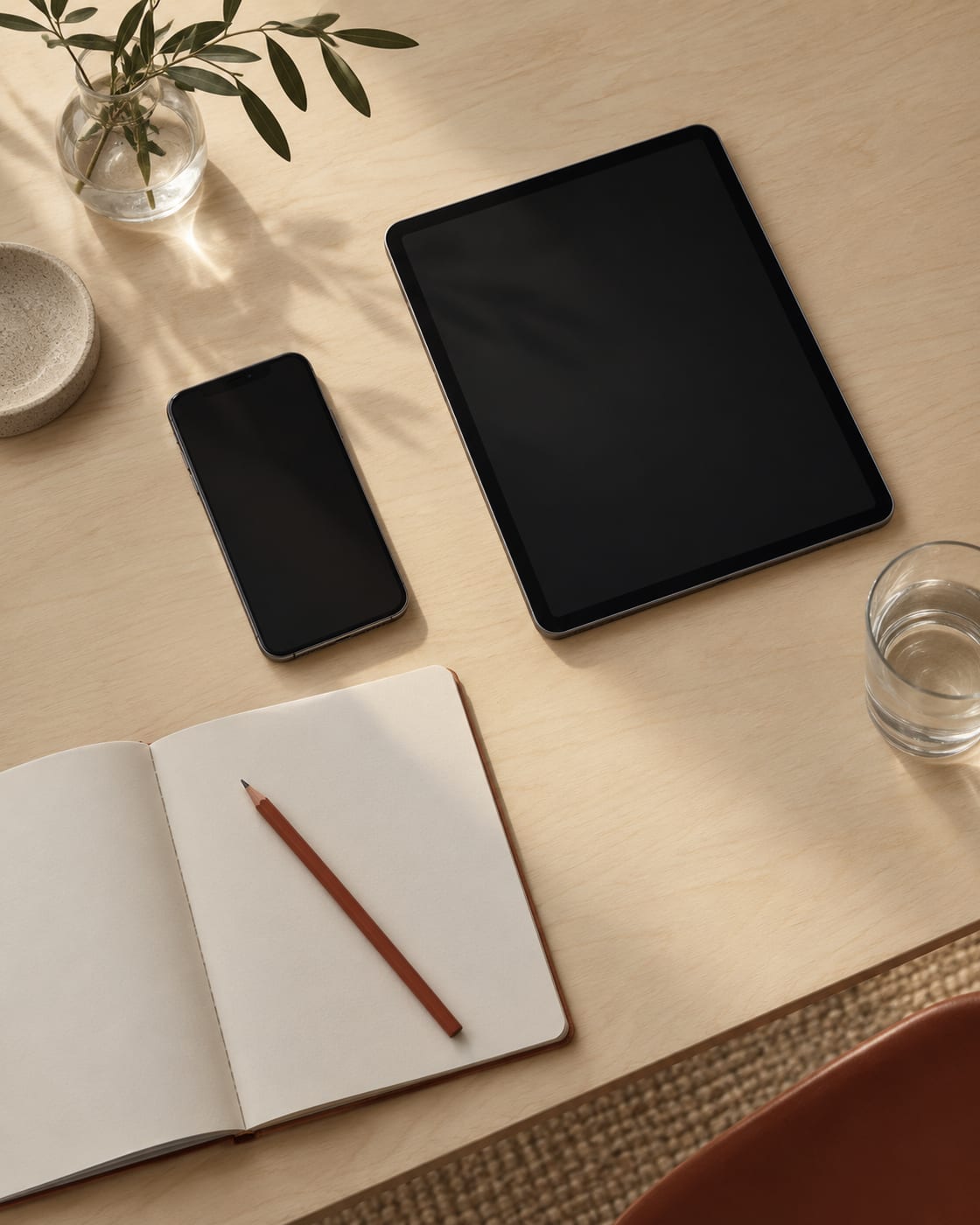 A pale birch desk in daylight with a tablet, a smartphone, an open paper notebook with a terracotta pencil and a glass of water